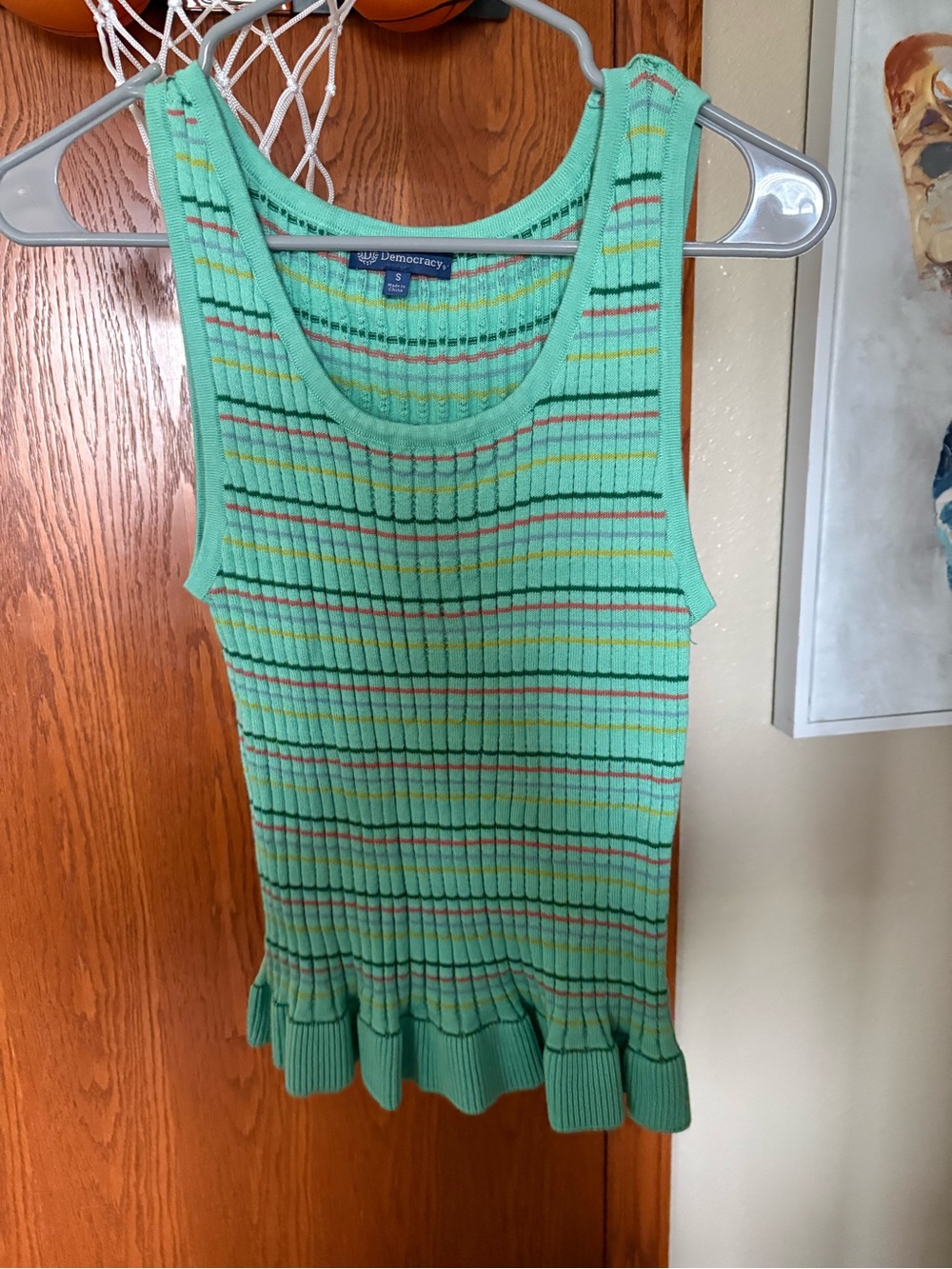 Democracy Mint Green Ribbed Tank with Multicolor Stripes and Ruffle Hem